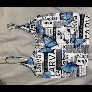 Butterfly blue and white crop top